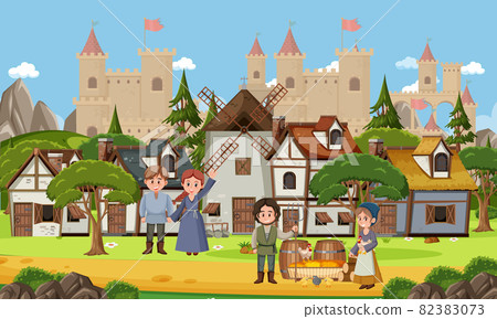 Medieval town scene with villagers Medieval town scene with villagers 82383073