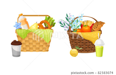 Picnic baskets full of food and drinks set. Wicker hampers with fruit, pretzel, croissant and drinks cartoon vector illustration Picnic baskets full of food and drinks set. Wicker hampers with fruit, pretzel, croissant and drinks cartoon vector illustration 82383074