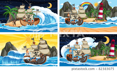 Set of different beach scenes with pirate ship and pirate cartoon character Set of different beach scenes with pirate ship and pirate cartoon character 82383075