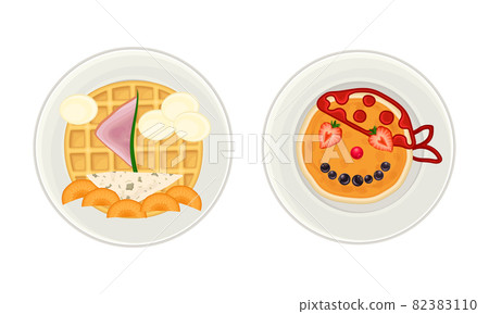 Creative pancakes and waffles served on plates set. Serving Ideas for healthy breakfast for kids cartoon vector illustration 82383110