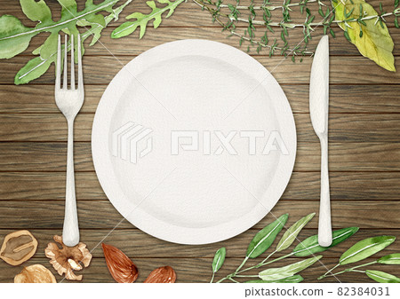 Tableware herb nuts wooden background watercolor illustration 82384031