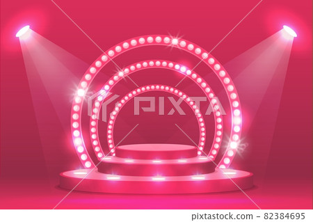Pink podium stage with ramp lights, vector ceremony award and show scene. Empty podium stage with spotlight, concert red pedestal or fashion round platform in 3D, illuminated with spot lamps Pink podium stage with ramp lights, vector ceremony award and show scene. Empty podium stage with spotlight, concert red pedestal or fashion round platform in 3D, illuminated with spot lamps 82384695