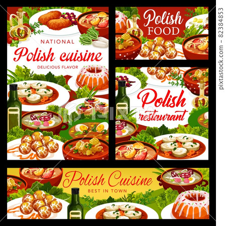 Polish cuisine food posters with dishes and meals of Poland, vector restaurant menu covers. Traditional Polish cuisine food, pork schnitzel, white borscht and zurek soup, turkey kapustnyak and mutton 82384853