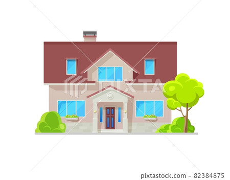 Modern home building exterior framed by natural stone wall trim, architecture. Suburban house or residential vector building facade of mansion or cottage villa, family townhouse or bungalow lodge 82384875