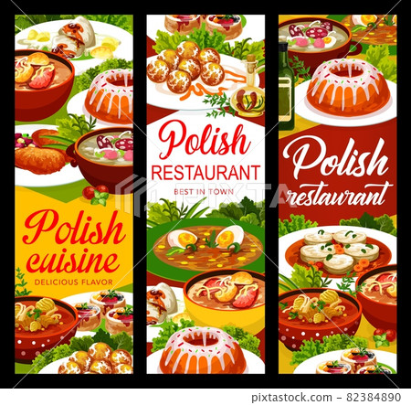 Polish cuisine food banners or menu dishes and meals, vector lunch and dinner. Polish cuisine white borscht and pork schnitzel, Warsaw donuts and pike perch with Christmas carp and zurek soup 82384890