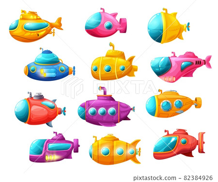 Cartoon isolated underwater sea submarines with periscope. Vector deep-sea subs for water transportation. Game elements for kids, marine vehicles isolated on white background 82384926