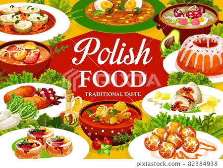 Polish cuisine food poster or restaurant menu cover with Poland dishes, vector. Polish cuisine traditional meals, pork schnitzel, white borscht and zurek soup, mutton in sour cream and Christmas carp 82384938