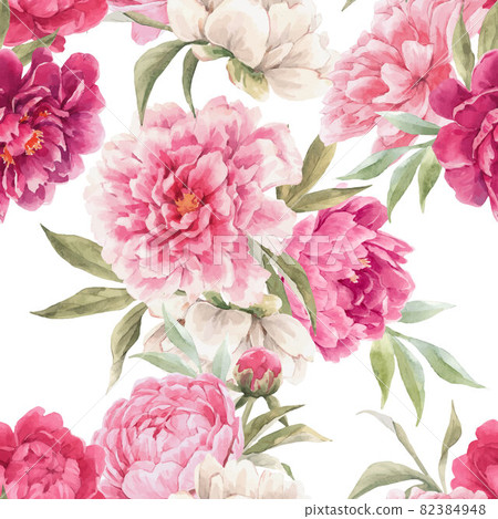 Beautiful vector seamless floral pattern with hand drawn watercolor gentle pink peony flowers. Stock illuistration. 82384948