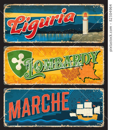Liguria, Lombardy, Marche Italian regions vintage plates and stickers. Italy travel destination vector plaques, aged banners with map, grape and shield, sea beacon, sailing ship. Grunge signboards set Liguria, Lombardy, Marche Italian regions vintage plates and stickers. Italy travel destination vector plaques, aged banners with map, grape and shield, sea beacon, sailing ship. Grunge signboards set 82384964