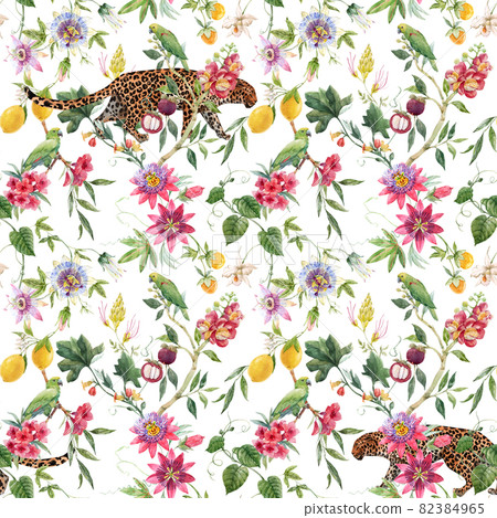 Beautiful seamless tropical floral pattern with hand drawn watercolor exotic jungle flowers. Stock illustration. 82384965