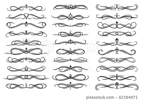 Floral vintage dividers, borders and embellishment. Monochrome headers vector set. Flourishes, curls or flowers calligraphic elegant swirl elements, retro victorian decor isolated on white background Floral vintage dividers, borders and embellishment. Monochrome headers vector set. Flourishes, curls or flowers calligraphic elegant swirl elements, retro victorian decor isolated on white background 82384971