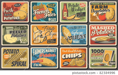 Potato food and meals, vector tornado spiral, french fries and potato wedges snack with chips. Farmer market vegetable products. Cafe or bistro assortment, vintage retro promo posters with price tags 82384996
