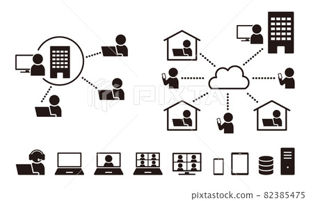 簡單的遠程辦公圖標和網絡圖/白色背景 82385475