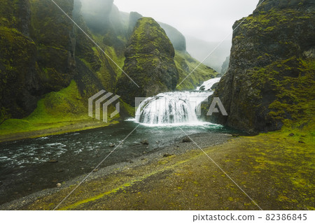 Beautiful aerial view of Stjornarfoss waterfalls in summer season. Iceland 82386845