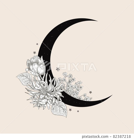 Black crescent and white flowers. Space illustration. Vintage illustration. Black crescent and white flowers. Space illustration. Vintage illustration. 82387218