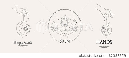 Magical hand. Hands, planets, sun and stars. Magical hand. Hands, planets, sun and stars. 82387259