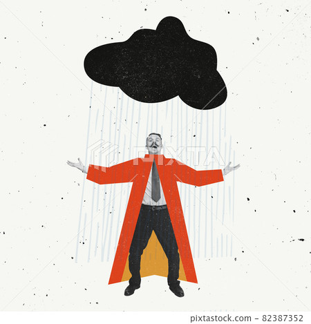 Contemporary art collage of man in a suit cherfull standing under drawn rain. Autumn concept 82387352