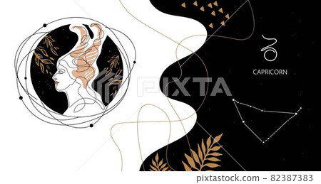 Zodiac background. Capricorn constellation. Horizontal banner. One line. Zodiac background. Capricorn constellation. Horizontal banner. One line. 82387383