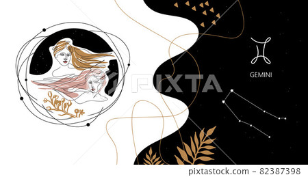 Zodiac background. Gemini constellation. The element of air. Horizontal banner. 82387398
