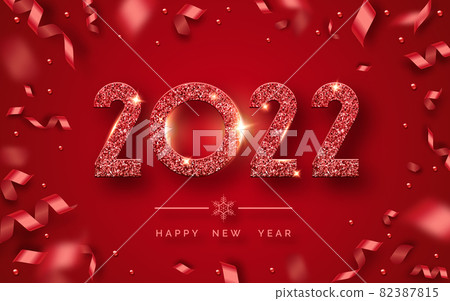 Happy New Year 2022. Background with shining numerals and ribbons. New year and Christmas card illustration on red background. Holiday illustration of red textured numbers 2022 82387815