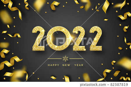 Happy New Year 2022. Background with shining numerals and ribbons. New year and Christmas card illustration on black background. Holiday illustration of golden textured numbers 2022 82387819