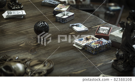 Tarot cards on the table, esoteric concept, fortune telling and predictions 82388108