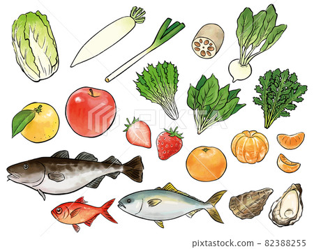 Watercolor illustration set of seasonal ingredients delicious in winter Watercolor illustration set of seasonal ingredients delicious in winter 82388255
