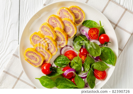 ham and cheese breakfast egg roll-ups, pinwheels 82390726