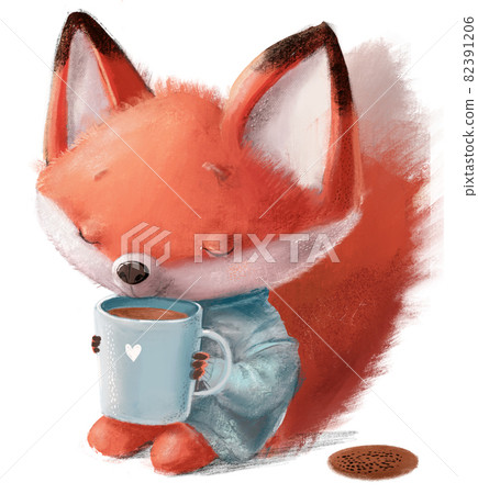 cute little fox character with blue sweater and tea cup cute little fox character with blue sweater and tea cup 82391206