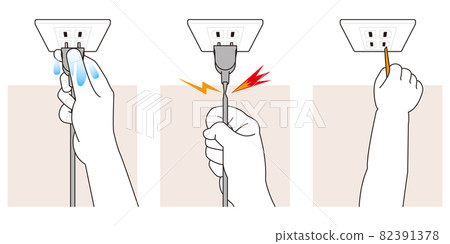 Dangerous handling by hand with plugs and outlets. Dangerous handling by hand with plugs and outlets. 82391378