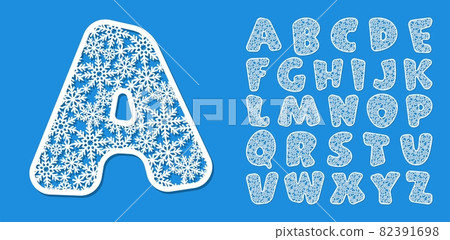 Letter A made from snowflakes. Winter font for Christmas greetings, New Years holidays. White symbol on blue background. Template for printing, plotter laser cutting of paper, cnc. Vector illustration 82391698