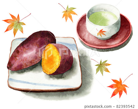 Roasted sweet potato and green tea on an analog watercolor square plate Roasted sweet potato and green tea on an analog watercolor square plate 82393542