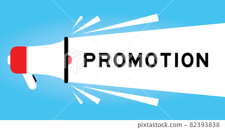 Color megphone icon with word promotion in white banner on blue background Color megphone icon with word promotion in white banner on blue background 82393838