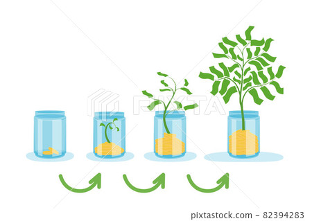 Income growth. The money tree grows out of a glass jar. Coins and paper money are the leaves of a tree. Vector illustration in a flat concept style. Income growth. The money tree grows out of a glass jar. Coins and paper money are the leaves of a tree. Vector illustration in a flat concept style. 82394283