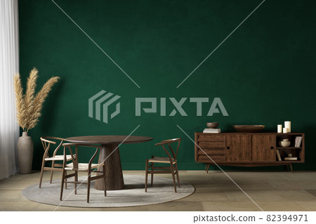 Dark green interior with dining table dreser and decor. 3d render illustration mockup. 82394971