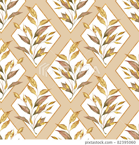 Autumn floral pattern. Brown and gold leaves and rhombus 82395060