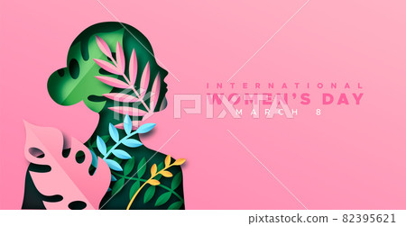 Happy Women Day paper cut tropical leaf girl card Happy Women Day paper cut tropical leaf girl card 82395621