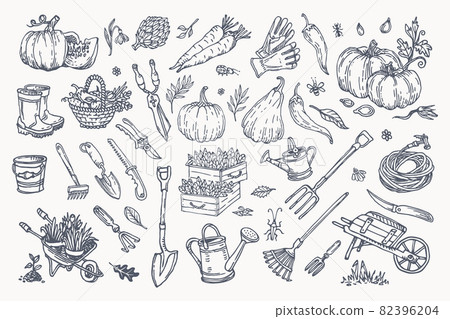 Big set of hand-drawn garden elements gardening tools. Big set of hand-drawn garden elements gardening tools. 82396204