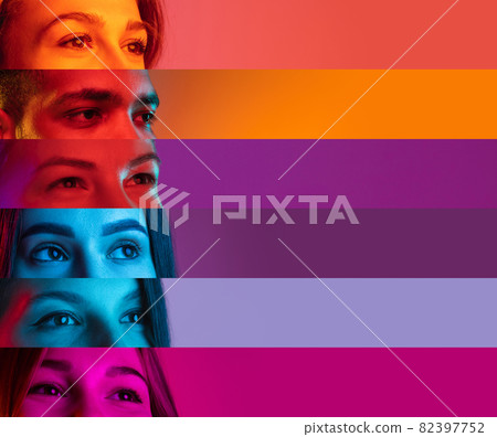 Collage of cropped male and female faces, eyes placed on the left narrow stripes in neon lights isolated over multicolored backgrounds Collage of cropped male and female faces, eyes placed on the left narrow stripes in neon lights isolated over multicolored backgrounds 82397752