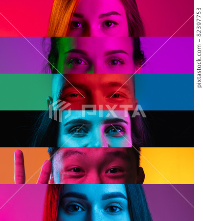 Horizontal collage of cropped multinational male and female eyes placed on narrow multicolored stripes in neon lights. Horizontal collage of cropped multinational male and female eyes placed on narrow multicolored stripes in neon lights. 82397753