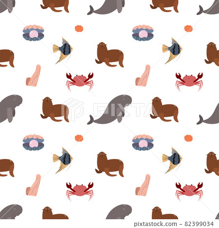 Sea animal seamless pattern with manatees, crad and seashell, pearl and fur seal. Undersea world habitants print. Hand drawn underwater life vector illustration. Funny cartoon marine animals character Sea animal seamless pattern with manatees, crad and seashell, pearl and fur seal. Undersea world habitants print. Hand drawn underwater life vector illustration. Funny cartoon marine animals character 82399034
