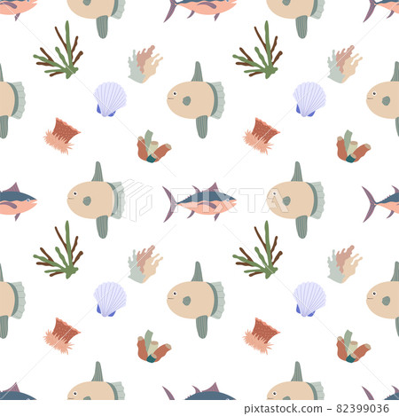 Sea animal seamless pattern with sunfish and tuna, coral and seashell. Undersea world habitants print. Hand drawn underwater life vector illustration. Funny cartoon marine animals character for kid Sea animal seamless pattern with sunfish and tuna, coral and seashell. Undersea world habitants print. Hand drawn underwater life vector illustration. Funny cartoon marine animals character for kid 82399036
