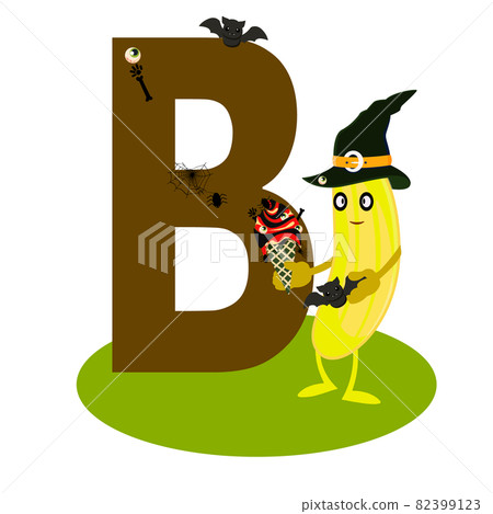 Letter B in the English alphabet. Banana in the style of the holiday Halloween.banana eating ice cream,Learning Alphabet Lettering Learning Children Illustration Vector 82399123
