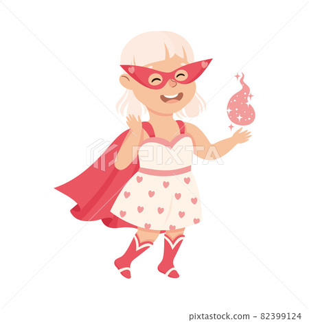 Little Girl Wearing Costume of Superhero Pretending Having Power for Fighting Crime Vector Illustration 82399124