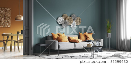 Modern interior of living room with gray sofa, home design 3d rendering Modern interior of living room with gray sofa, home design 3d rendering 82399480