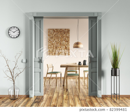 Interior of living room with light green wall and door to the modern dining room, wooden table and chair. Contemporary home design. 3d rendering 82399481