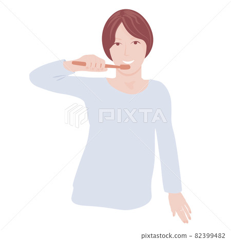 A woman brushes her teeth vector stock illustration. Flat. A smiling girl in the bathroom. Toothbrush. Hygiene. Isolated on a white background. the morning time. 82399482