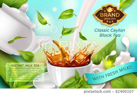 Realistic Detailed 3d Classic Black Tea with Fresh Milk Flow Effect into Mug Ads Banner Concept Poster Card. Vector illustration Realistic Detailed 3d Classic Black Tea with Fresh Milk Flow Effect into Mug Ads Banner Concept Poster Card. Vector illustration 82400107