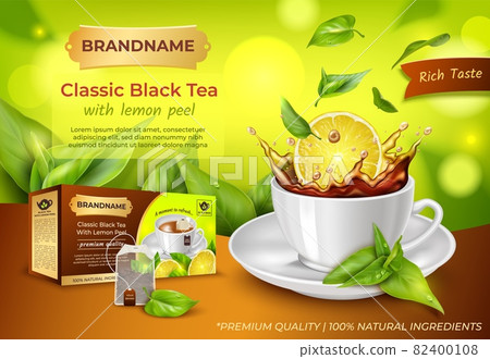 Realistic Detailed 3d Classic Black Tea with Lemon Peel Ads Banner Concept Poster Card. Vector illustration Realistic Detailed 3d Classic Black Tea with Lemon Peel Ads Banner Concept Poster Card. Vector illustration 82400108
