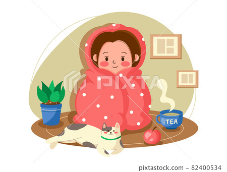 Girl wrapped in blanket. Spending time at home. Cozy evening - best time for love yourself. Cute vector illustration in cartoon style. Female character trying to keep warm in a blanket on a cold day. Girl wrapped in blanket. Spending time at home. Cozy evening - best time for love yourself. Cute vector illustration in cartoon style. Female character trying to keep warm in a blanket on a cold day. 82400534